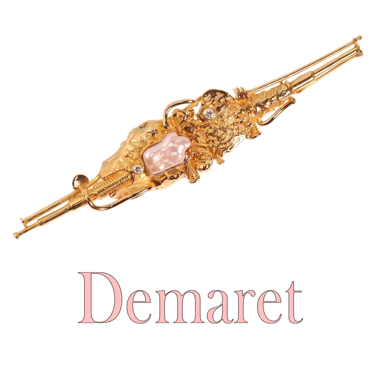 Artist Jewelry Signed Demaret Modernistic gold bar brooch with brilliants pearl